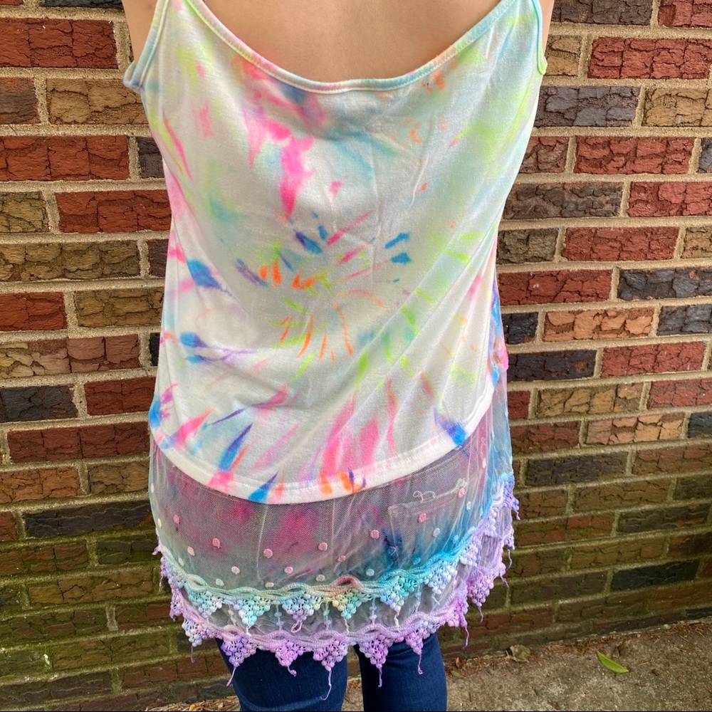 Rainbow tie dye camisole with lace on bottom - Picture 9 of 13
